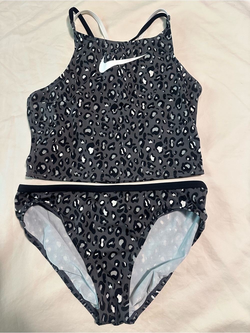 Nike Girls' Grey Leopard Print Two-Piece Swim Set